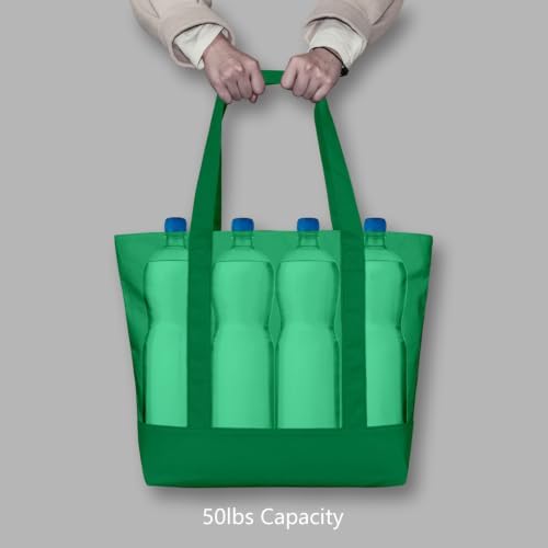 TOPDesign 1-Pack Canvas Tote Bag with an External Pocket, Reusable Grocery Shopping Bag, Top Zipper Closure, Daily Essentials (Green)