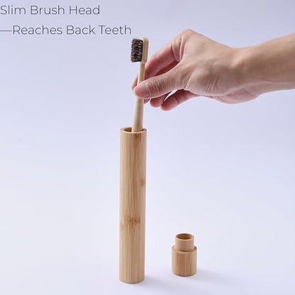 Horse Hair Toothbrush with Bamboo Travel Case, Adult Brush Set