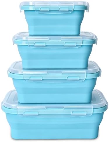 Collapsible Silicone Food Storage Containers 4 Set Airtight Leak Proof Food Containers with Lids Meal Prep for Microwave Freezer Dishwasher for Kitchen Camping Office Sky Blue