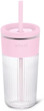 Ello Ava 18oz Glass Tumbler with Straw and Lid for Iced Coffee,Pink Orchard