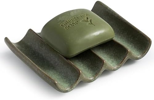 Draining Ceramic Soap Dish - Fluted Design, Bar Soap Holder for Shower & Bathroom, Soap Saver Sponge Lift, Green