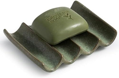 Draining Ceramic Soap Dish - Fluted Design, Bar Soap Holder for Shower & Bathroom, Soap Saver Sponge Lift, Green