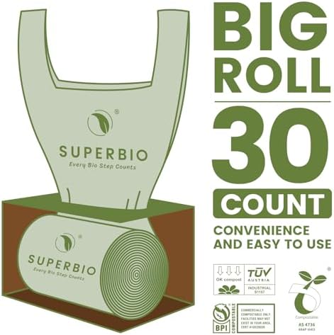 SUPERBIO 13 Gallon Compostable Kitchen Waste Bags with Handles