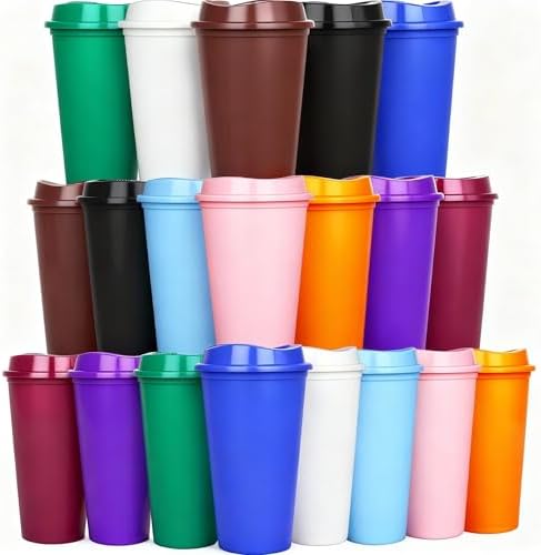 20 Pack Reusable Coffee Cups with Lids 16 oz Plastic Tumblers Travel Mug Iced Coffee Cup for Adults and Women Hot and Cold Drinks, Microwaveable (Rainbow)