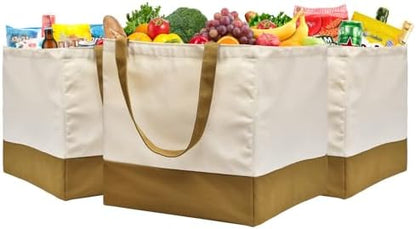 3 Pack Canvas Reusable Grocery Bags Heavy Duty, 8.3 gal Foldable Large Tote Bag with Handles, Holds 60 lbs Canvas Shopping Bags & Washable Eco-friendly Bags with 5 Pockets, camel+Off white