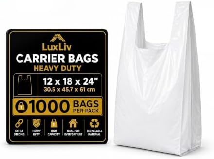 Reusable Heavy Duty White Plastic Shopping Bags with Handles, T-Shirt Grocery Carrier Bags, 12 x 18 x 24 Inch, HDPE Retail, Convenience Store & Takeout Bags, 1000 Pack