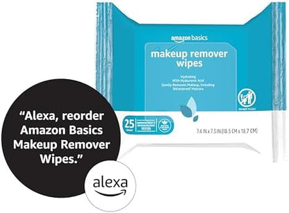 Amazon Basics Makeup Remover Wipes, Gentle Cleansing, Dermatologist Tested, Hydrating with Hyaluronic Acid, Plant Based, Alcohol-Free, Removes Waterproof Mascara, Facial Cleansing, 25 Count