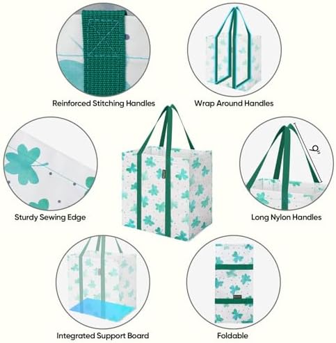 BALEINE 4 PK Grocery Bags Reusable Shopping Bags with Reinforced Bottom, Heavy Duty Foldable Tote Bags (Clover)