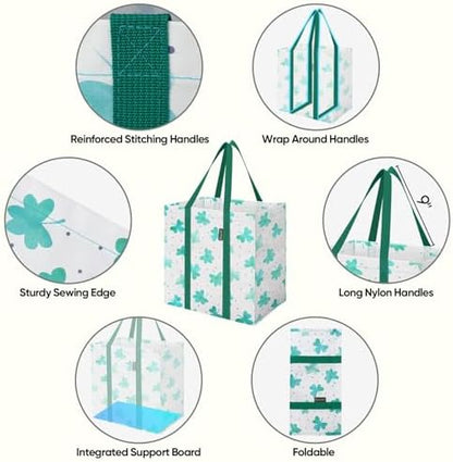 BALEINE 4 PK Grocery Bags Reusable Shopping Bags with Reinforced Bottom, Heavy Duty Foldable Tote Bags (Clover)