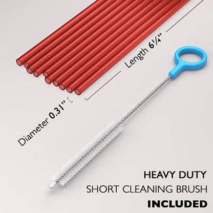 Fiesta First 10 Short Reusable Hard Red Plastic Drinking Straws, Medium Width + Sturdy Cleaning Brush - for Cocktails, Small Cups, Kids Drinks - Dishwasher Safe BPA Free