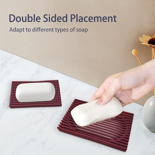 Aoheuo Modern Minimalist Soap Dish (2Pack),Drainage Silicone Soap Holder,5.5 Long by 3.15 Wide,0.55 inches high,Used for Kitchen,Bathroom,and Bar Sink(Red,Red)
