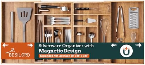 Silverware Organizer Large, Magnetic Connected Expandable 13 Slots Silverware Drawer Organizer From 21 to 37.4 Inches, Adjustable Flatware and Cutlery Holder, Bamboo Utensil Tray for Kitchen Acacia