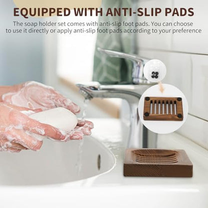 2 Pack Wooden Soap Holder - Integrated Self Draining Soap Dish for Shower with Slotted, Sturdy Wooden Soap Tray for Sink, Bathtub and Kitchen