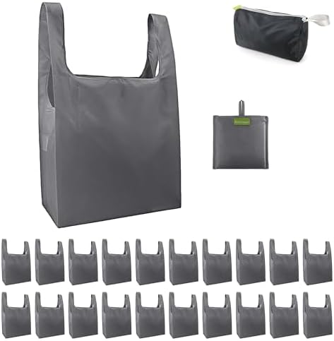 BeeGreen Grey Reusable Shopping Bags Wholesale Gray Reusable Grocery Bags Bulk Foldable-Machine Washable with Zipper Storage Pouch 20 Pieces