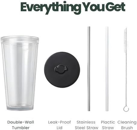 Reusable Iced Coffee Cup with Lid and Straw, 16 oz/Grande, BPA-Free Double-Wall Insulated Plastic Tumbler for Cold Drinks, Includes Clear Plastic Straw, Stainless Steel Straw and Cleaning Brush, Black