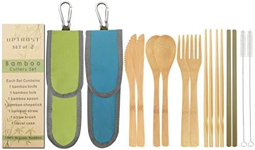 UPTRUST 2 Set Bamboo Cutlery Set Bamboo Travel Utensil Reusable Table cutlery Fork Knife Spoon Chopsticks Straw Cleaning Brush for Travel Picnic School Office（Skyblue& Green）