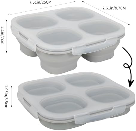 Collapsible Silicone Food Storage Container, 4-Compartment Snack Containers Portion Control with Clip-on Lid, Stackable, Space Saving, Microwave/Fridge/Freezer/Dishwasher Safe (3)
