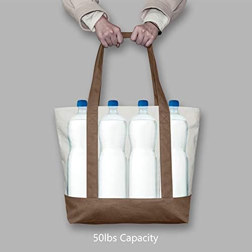 TOPDesign 6-Pack Canvas Tote Bags with an External Pocket, Reusable Grocery Shopping Bags, Top Zipper Closure, Daily Essentials (Brown/Natural)