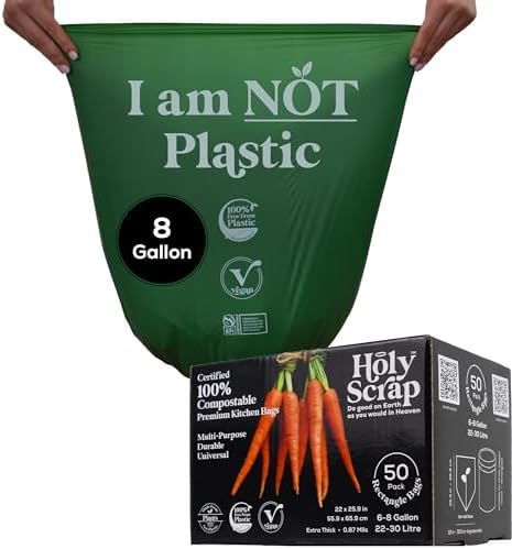 Medium Compostable Trash Bags - 6-8 Gallon, 50 Pack | Odorless, Plastic-Free & Decomposing Kitchen, Bathroom & Countertop Garbage Bags & Liners | Thick Bin Bags for Green & Food Waste