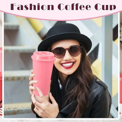 FillTouch 12 Pcs 16 oz Reusable Coffee Cups with Lids, Pink Gradient