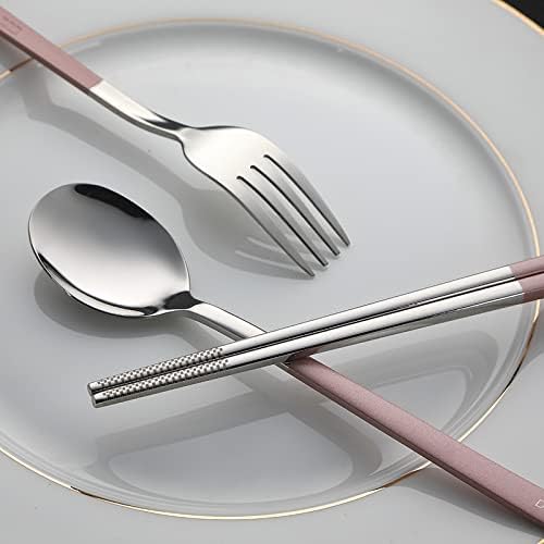 DEVICO Travel Utensils with Case, 4Pcs Portable Silverware Set for Work, 18/8 Stainless Steel Reusable Cutlery, Korean Spoon and Chopsticks Fork for Camping, School, Lunch Box Accessories (Pink)