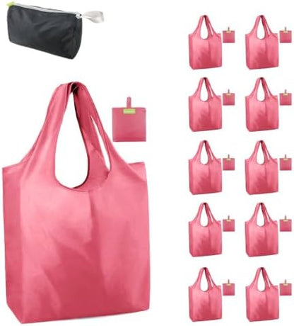 BeeGreen Pink Reusable Grocery Bags with Elastic Band Pink Reusable Shopping Bags Bulk 50LBS X-Large Foldable-Machine Washable-Heavy Duty 10 Pieces