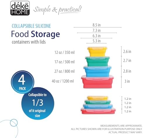 Deke Home - Collapsible Silicone Food Storage Containers with Lids, Set of 4, BPA-Free, Airtight, Space-Saving Meal Prep & Lunch Box, Microwavable, Freezer & Dishwasher Safe, Camping & Travel