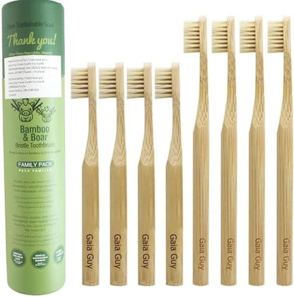 Gaia Guy Natural Bristle Bamboo Toothbrush Family Pack (NO Nylon - Boar Hair ONLY) - Totally Compostable & Biodegradable Boar Bristle and Bamboo Toothbrushes - Zero Waste - 4 Kids and 4 Adults
