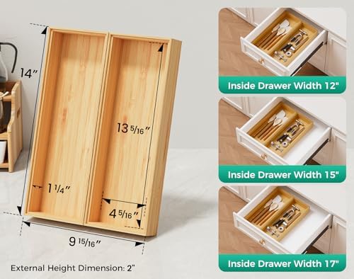 Bamboo Kitchen Drawer Organizer Boxes 14" x 5" Stackable Pantry Organizers