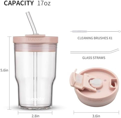 Glass Cups with Lids and Straws,16oz/480mll Reusable Iced Coffee Glasses & Juice Bottles,Cold Brew Tumblers with Leakproof Lids,BPA-Free Glass Jars for Juicing,Matcha,Flower Tea,Smoothie (Pink)