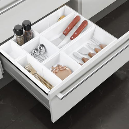 Bamboo Drawer Organizer Set, 8 PCS White Multi-Use Wood Drawer Storage Kitchen Boxes, Junk Drawer Organizer Divider Bins for Bathroom, Office Desk, Makeup, Jewelry, Utensils