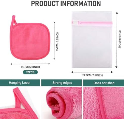12 Pack Makeup Remover Cloth, 6" x 6" Reusable Makeup Remover Towels Face Washcloth for Washing Face, Makeup Remover Pads Cosmetic Face Wash (Pink)