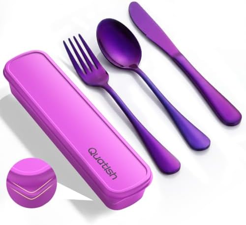 Quatish Travel Utensils with Case, Stainless Steel Cutlery Set, Violet
