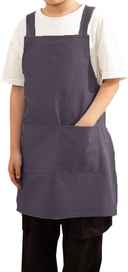 Kids Cotton Cross Back Aprons Children Chef Pure Child Apron with 2 Pockets for Baking Painting Cooking