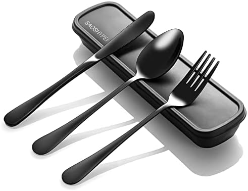 SAOSHYPEI Travel Utensils with Case, 4-Piece Stainless Steel Set, Black