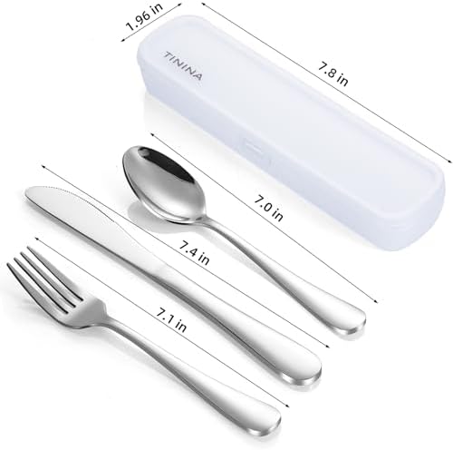 Travel Utensils with Case, 4-Piece Stainless Steel Portable Cutlery Set, Reinforced Case with Buckle Design, Lunch Box for Camping Work School, Include Fork Spoon Knife, Dishwasher Safe, Silver