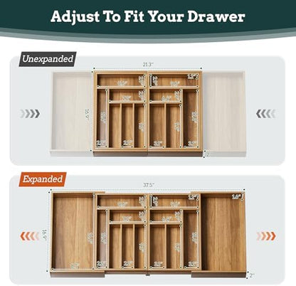 Silverware Organizer Large, Magnetic Connected Expandable 13 Slots Silverware Drawer Organizer From 21 to 37.4 Inches, Adjustable Flatware and Cutlery Holder, Bamboo Utensil Tray for Kitchen Acacia