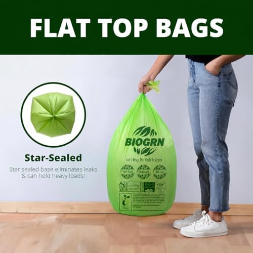 10-13 Gallon Compostable Trash Bags with Flat-Top 50 Bags Thick 0.87 Mil Leakproof Plant-based Tall Kitchen Wet Food Scrap Waste, ASTM D6400, US BPI and OK Compost Home Certified