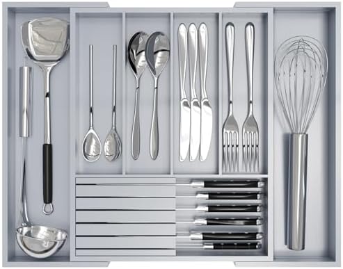 Bamboo Kitchen Silverware Drawer Organizer - Expandable Wood Utensil Holder with Dividers, Luxury Cutlery Storage Tray for Kitchen Utensil and Flatware (5-7 Slots with Removable Knife Block, Grey)