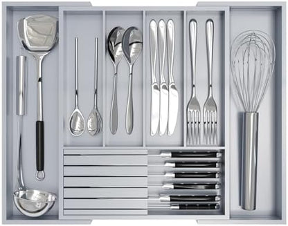 Bamboo Kitchen Silverware Drawer Organizer - Expandable Wood Utensil Holder with Dividers, Luxury Cutlery Storage Tray for Kitchen Utensil and Flatware (5-7 Slots with Removable Knife Block, Grey)