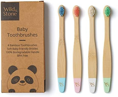 Wild & Stone Organic Baby Bamboo Toothbrushes | 4 Pack | Soft Bristles | 100% Compostable Handle | BPA Free | Vegan Baby Toothbrushes (Multicolour)