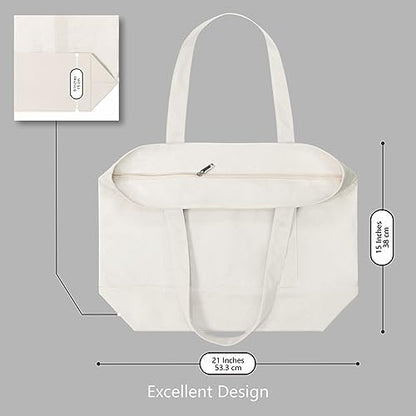 TOPDesign 30-Pack Canvas Tote Bags with an External Pocket, Reusable Grocery Shopping Bags, Top Zipper Closure, Daily Essentials (Natural)