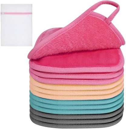 KODAMO Makeup Remover Cloth, 12 Pack Reusable Makeup Remover Towels with Washable Travel Bag, Microfiber Face Wash Cloths for Women All Skin Types, Coral/Pink/Green/Grey