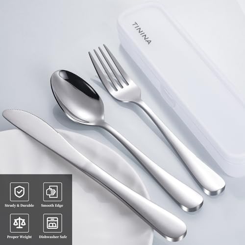 Travel Utensils with Case, 4-Piece Stainless Steel Portable Cutlery Set, Reinforced Case with Buckle Design, Lunch Box for Camping Work School, Include Fork Spoon Knife, Dishwasher Safe, Silver
