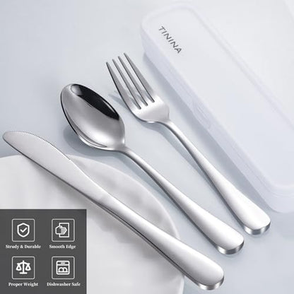 Travel Utensils with Case, 4-Piece Stainless Steel Portable Cutlery Set, Reinforced Case with Buckle Design, Lunch Box for Camping Work School, Include Fork Spoon Knife, Dishwasher Safe, Silver