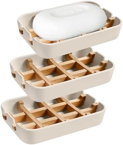 Aoheuo Modern Bamboo Fiber soap Holder and soap Dish Combination (Removable),5.12 Long by 3 Wide, 0.98 inches high, Used in Kitchens, bathrooms, and bar Sinks (Off White(3 Pack))