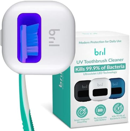 Bril UV-C Toothbrush Sanitizer and Holder – Wall Mounted, Rechargeable, 30-Day Battery, Magnetic Mount, Fits Electric and Manual Brushes, Portable Travel Case, Auto-Shutoff – White