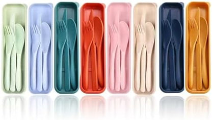 8 Pack Travel Utensils with Case, Reusable Wheat Straw Cutlery Sets for Lunch Box, Camping, Picnic and Office, Dishwasher Safe Spoon Fork Knife Sets, 8 Colors