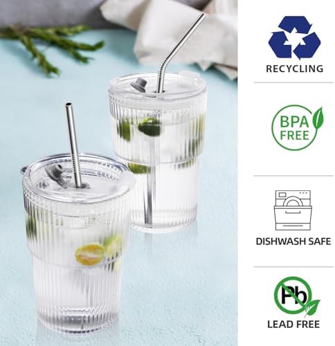 16 OZ Iced Coffee Cups with Lids and Straws Set of 4, Unbreakable Plastic Drinking Glasses Reusable Iced Coffee Glass to Go Cup for Iced Tea,Juice, Water,BPA Free, Dishwasher Safe