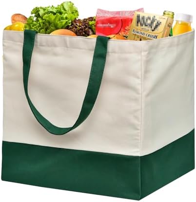 Reusable Grocery Bags Heavy Duty, 8.3 gal Foldable Large Canvas Tote Bag with Handles, Holds 60 lbs Canvas Shopping Bags, 1 Pack（Retro Green）